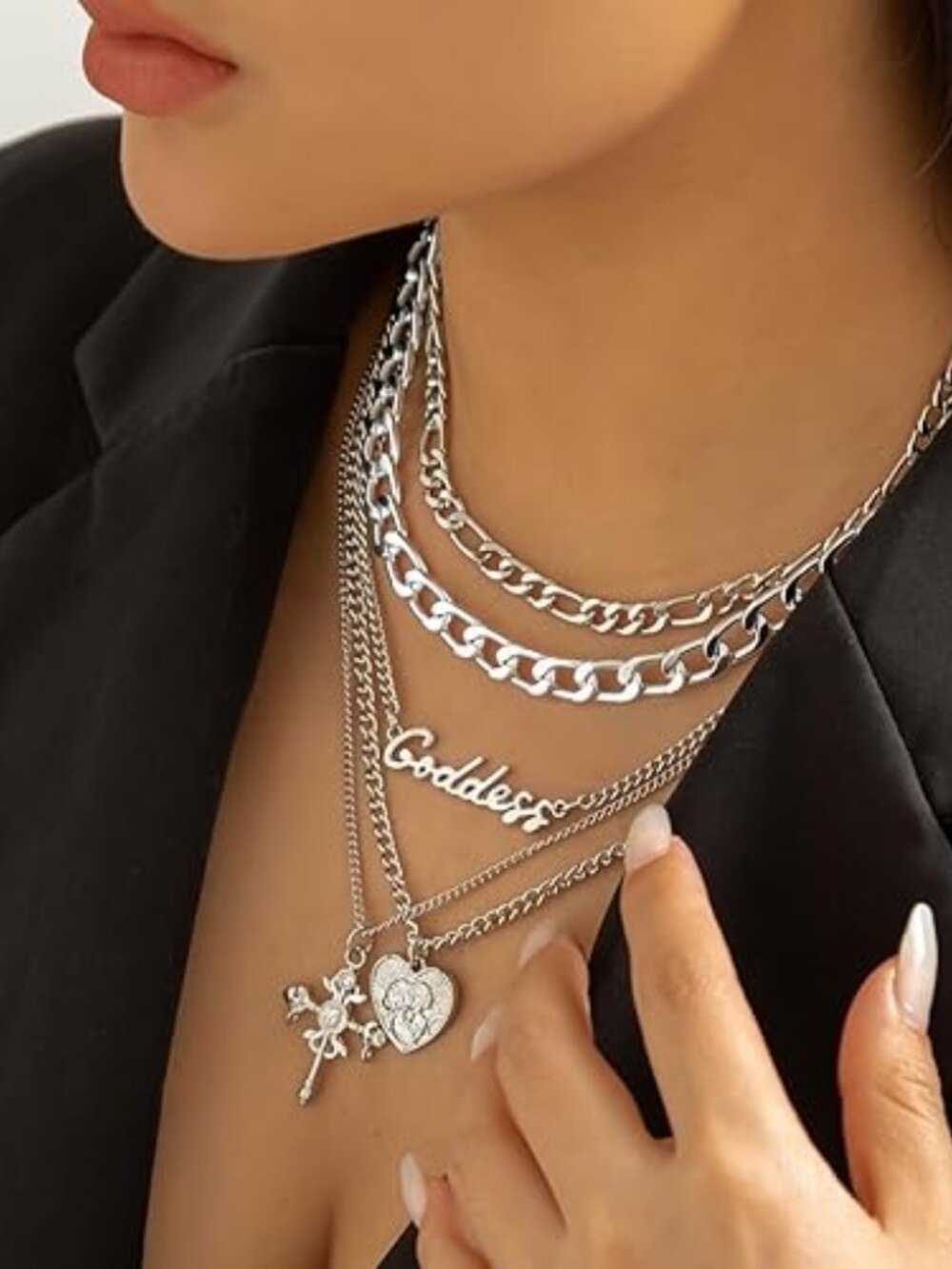 Layered Gold Necklace Stack Heart Coin Cross Paperclip Chain Set - Picture 4 of 6